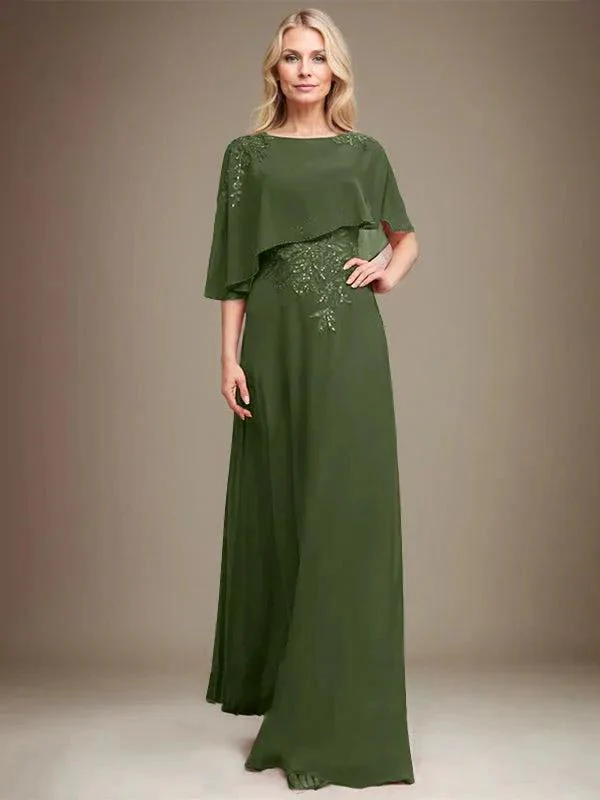 A-line Scoop Floor-Length Chiffon Lace Mother of the Bride Dress With Sequins Beading - Image 30