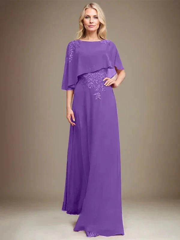 A-line Scoop Floor-Length Chiffon Lace Mother of the Bride Dress With Sequins Beading - Image 34