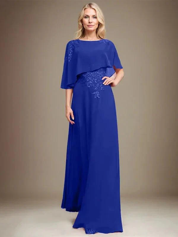 A-line Scoop Floor-Length Chiffon Lace Mother of the Bride Dress With Sequins Beading - Image 36