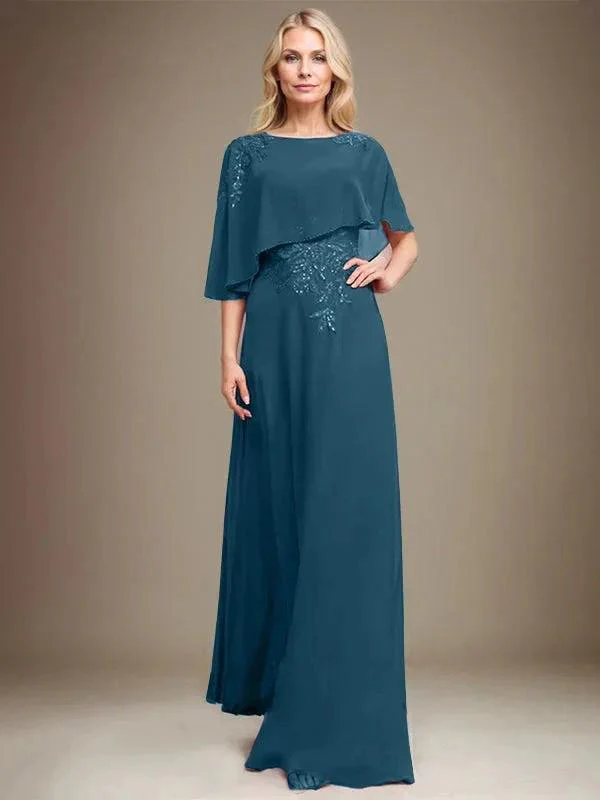 A-line Scoop Floor-Length Chiffon Lace Mother of the Bride Dress With Sequins Beading - Image 40