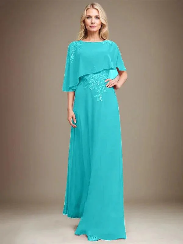 A-line Scoop Floor-Length Chiffon Lace Mother of the Bride Dress With Sequins Beading - Image 41
