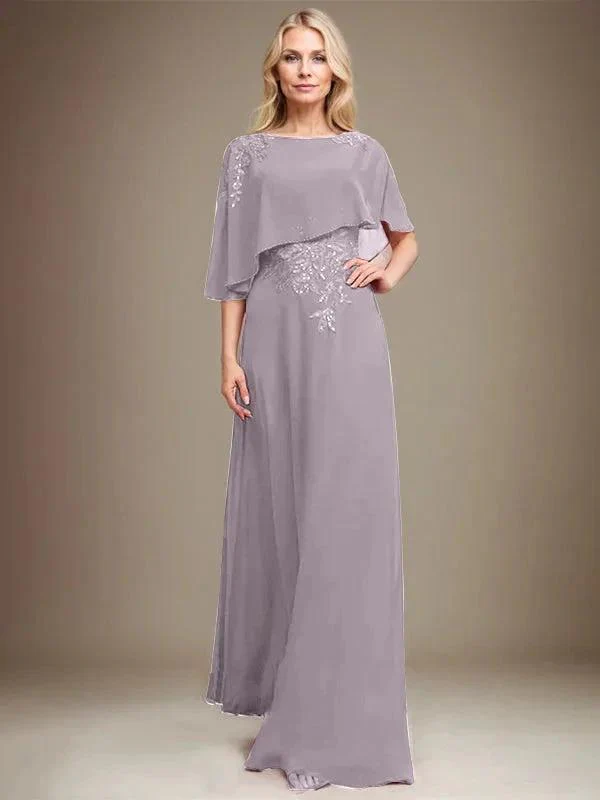 A-line Scoop Floor-Length Chiffon Lace Mother of the Bride Dress With Sequins Beading - Image 44