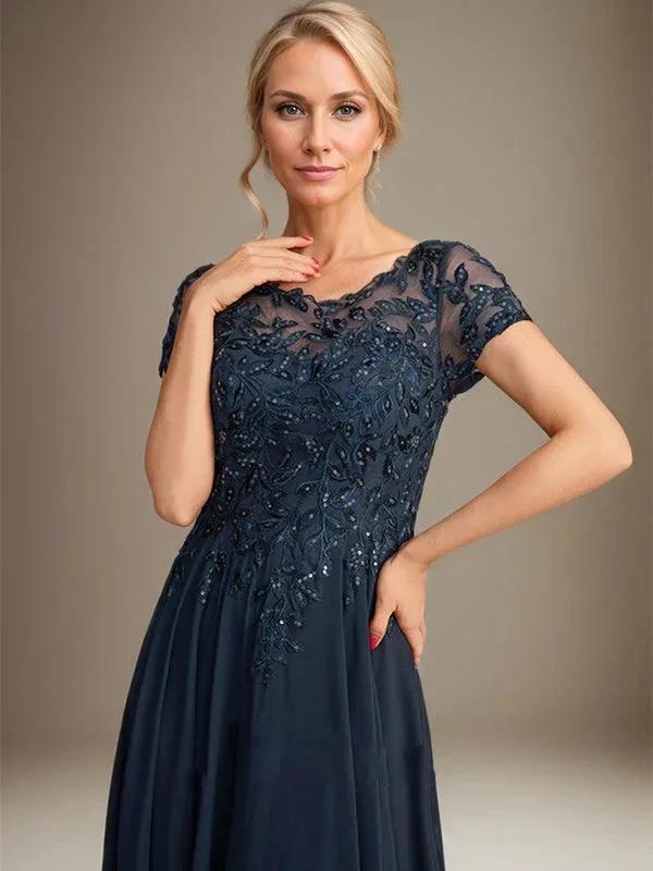 A-Line Scoop Floor-Length Chiffon Mother of the Bride Dress With Applique & Sequins - Image 10
