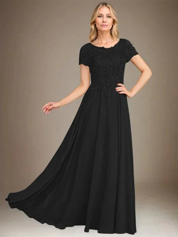 A-Line Scoop Floor-Length Chiffon Mother of the Bride Dress With Applique & Sequins - Image 11