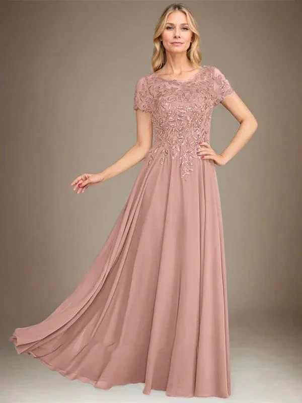 A-Line Scoop Floor-Length Chiffon Mother of the Bride Dress With Applique & Sequins - Image 15