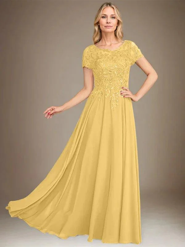 A-Line Scoop Floor-Length Chiffon Mother of the Bride Dress With Applique & Sequins - Image 16