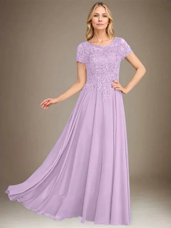 A-Line Scoop Floor-Length Chiffon Mother of the Bride Dress With Applique & Sequins - Image 19