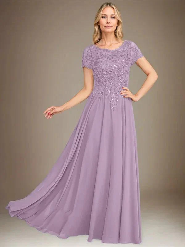 A-Line Scoop Floor-Length Chiffon Mother of the Bride Dress With Applique & Sequins - Image 20