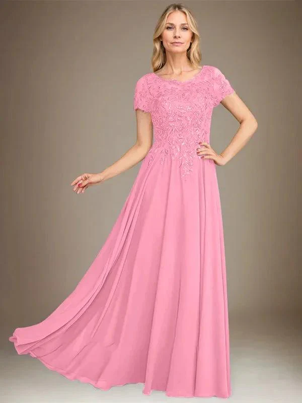 A-Line Scoop Floor-Length Chiffon Mother of the Bride Dress With Applique & Sequins - Image 21