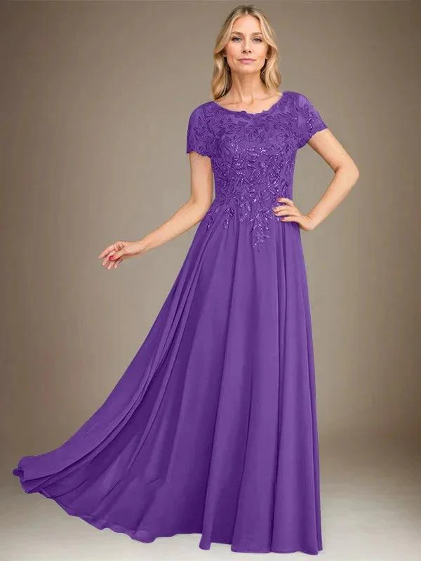 A-Line Scoop Floor-Length Chiffon Mother of the Bride Dress With Applique & Sequins - Image 22