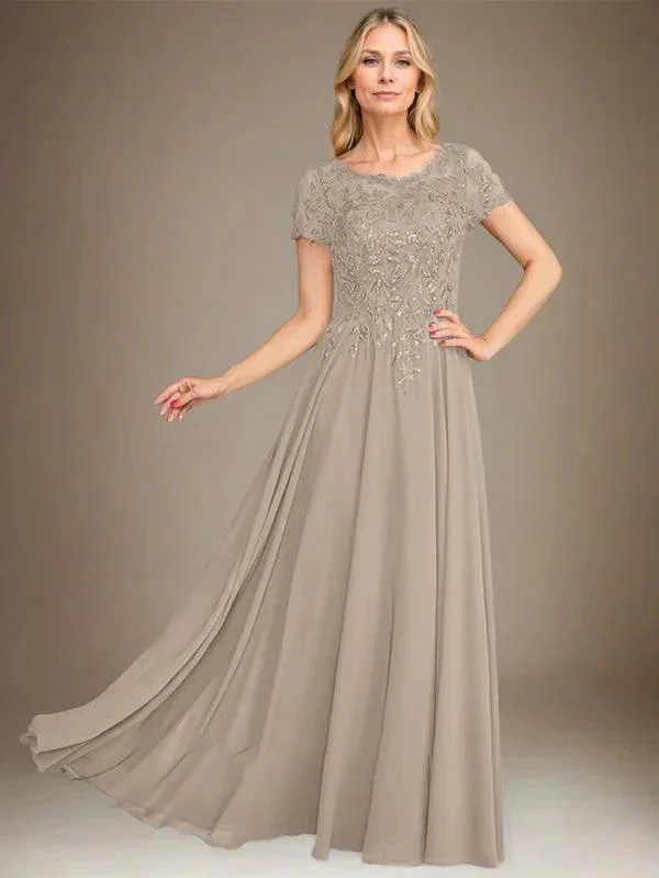 A-Line Scoop Floor-Length Chiffon Mother of the Bride Dress With Applique & Sequins - Image 25