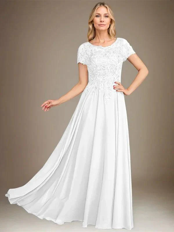 A-Line Scoop Floor-Length Chiffon Mother of the Bride Dress With Applique & Sequins - Image 26