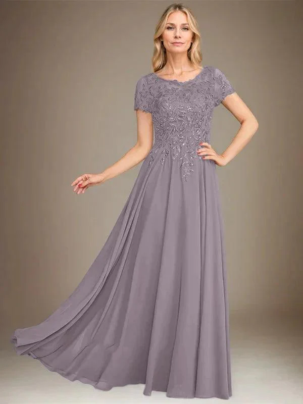 A-Line Scoop Floor-Length Chiffon Mother of the Bride Dress With Applique & Sequins - Image 27