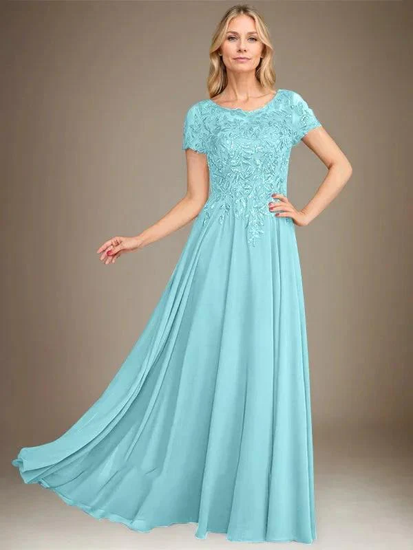 A-Line Scoop Floor-Length Chiffon Mother of the Bride Dress With Applique & Sequins - Image 28