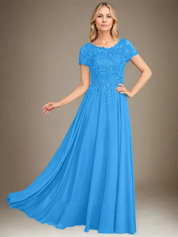 A-Line Scoop Floor-Length Chiffon Mother of the Bride Dress With Applique & Sequins - Image 29