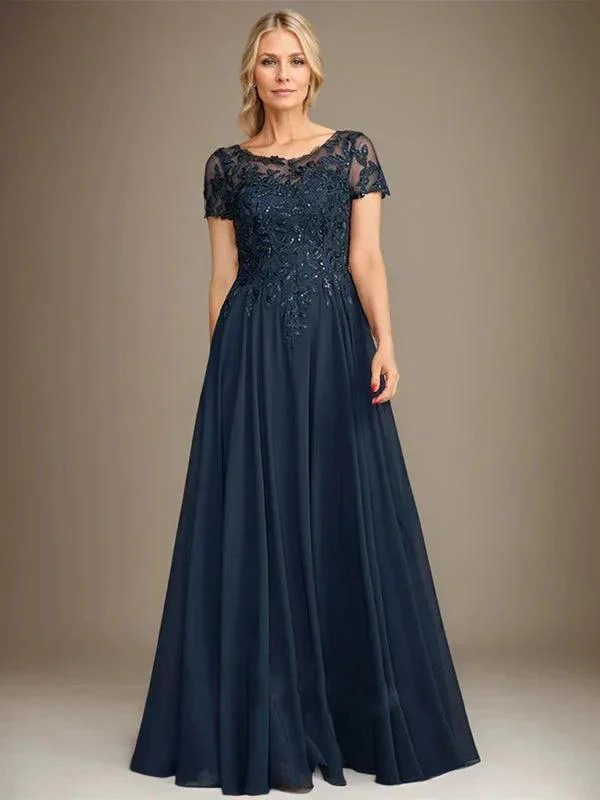 A-Line Scoop Floor-Length Chiffon Mother of the Bride Dress With Applique & Sequins - Image 3