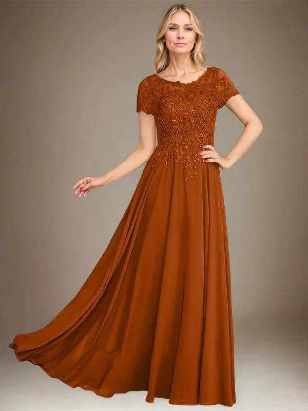 A-Line Scoop Floor-Length Chiffon Mother of the Bride Dress With Applique & Sequins - Image 30