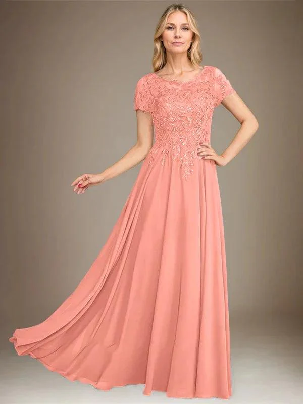 A-Line Scoop Floor-Length Chiffon Mother of the Bride Dress With Applique & Sequins - Image 31