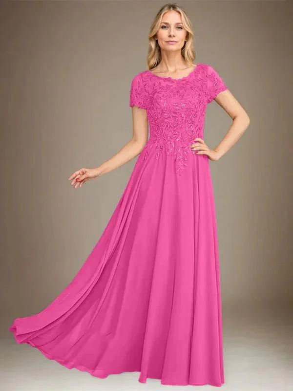 A-Line Scoop Floor-Length Chiffon Mother of the Bride Dress With Applique & Sequins - Image 32