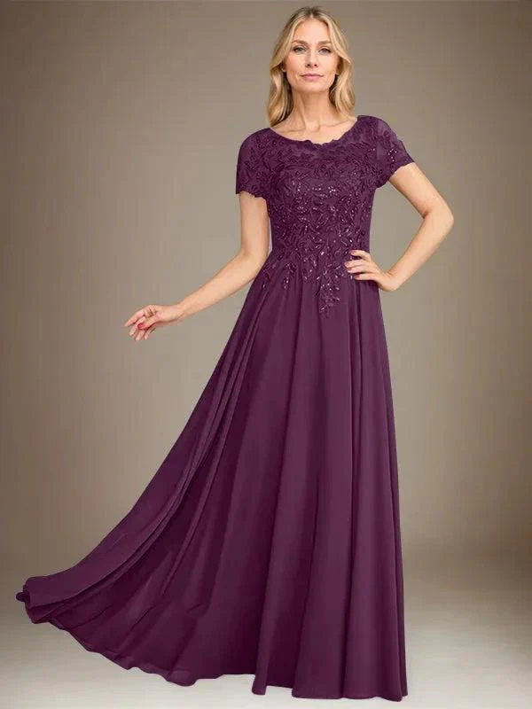 A-Line Scoop Floor-Length Chiffon Mother of the Bride Dress With Applique & Sequins - Image 33