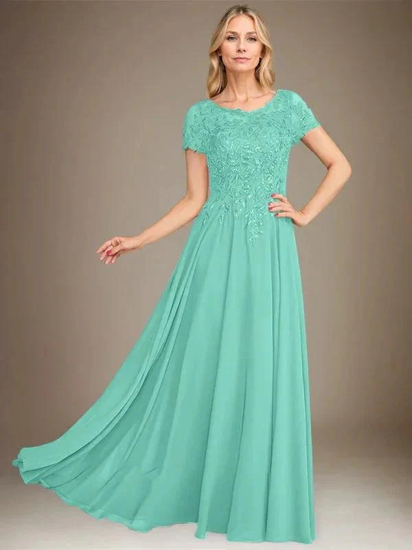 A-Line Scoop Floor-Length Chiffon Mother of the Bride Dress With Applique & Sequins - Image 34