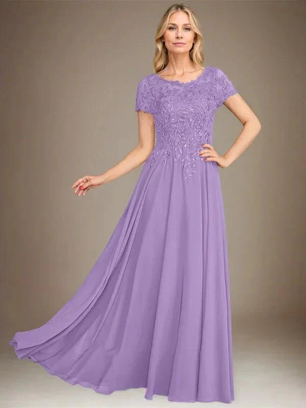 A-Line Scoop Floor-Length Chiffon Mother of the Bride Dress With Applique & Sequins - Image 35