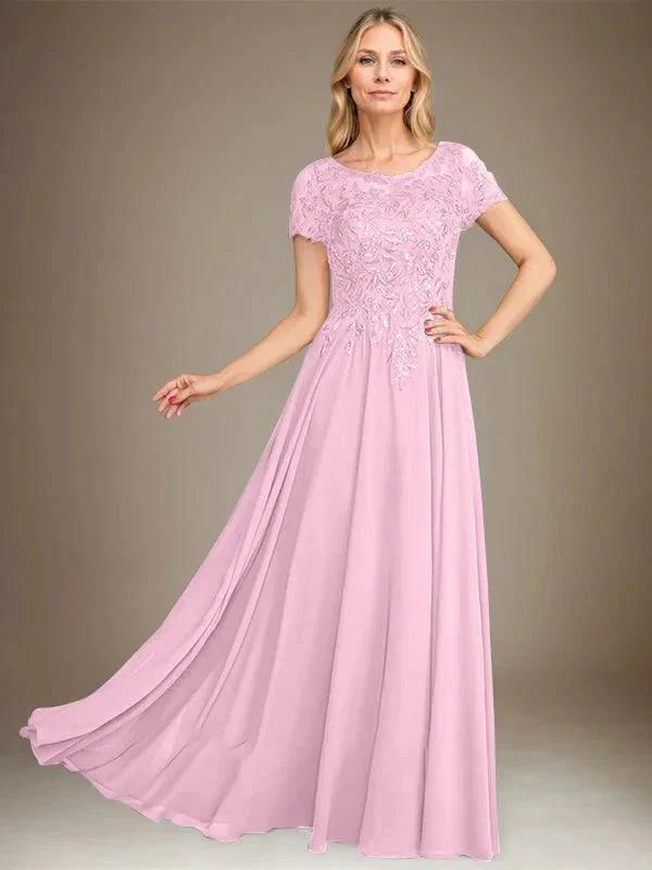 A-Line Scoop Floor-Length Chiffon Mother of the Bride Dress With Applique & Sequins - Image 36
