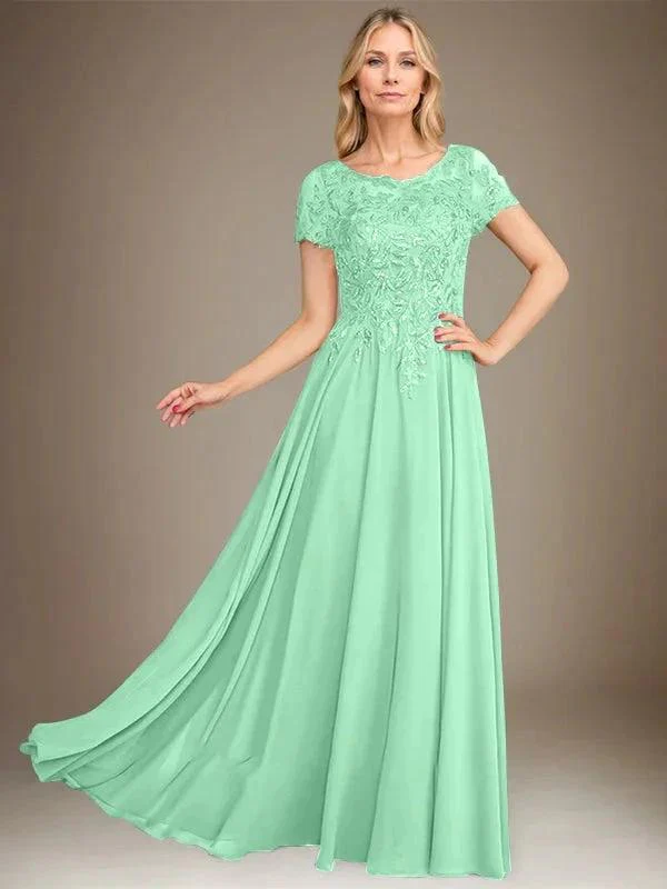 A-Line Scoop Floor-Length Chiffon Mother of the Bride Dress With Applique & Sequins - Image 37