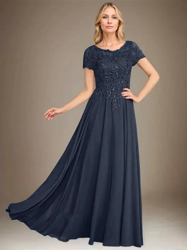A-Line Scoop Floor-Length Chiffon Mother of the Bride Dress With Applique & Sequins - Image 38