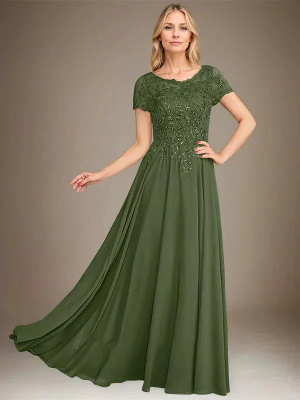 A-Line Scoop Floor-Length Chiffon Mother of the Bride Dress With Applique & Sequins - Image 39