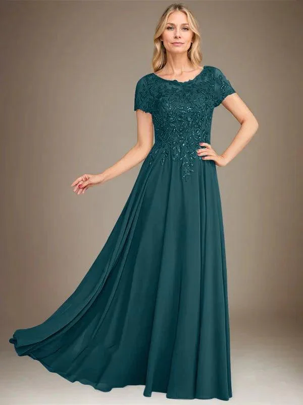 A-Line Scoop Floor-Length Chiffon Mother of the Bride Dress With Applique & Sequins - Image 41