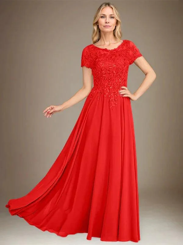 A-Line Scoop Floor-Length Chiffon Mother of the Bride Dress With Applique & Sequins - Image 42