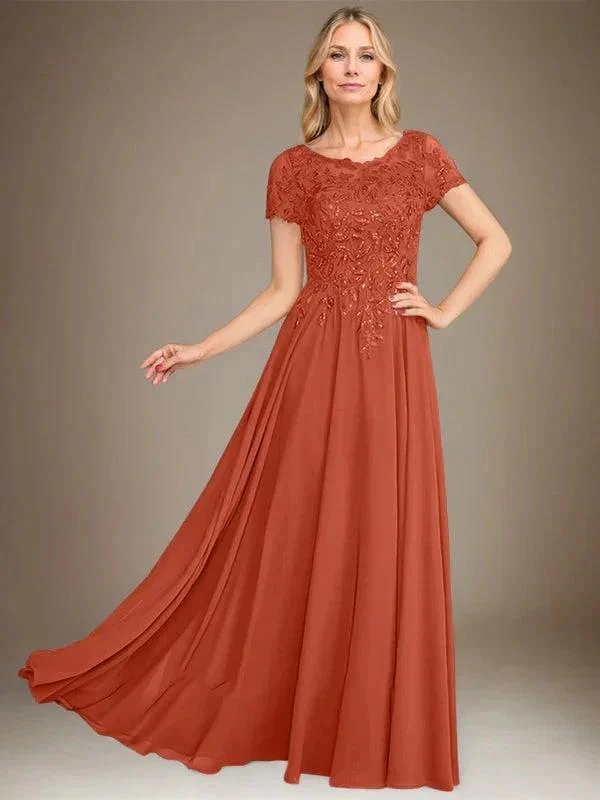 A-Line Scoop Floor-Length Chiffon Mother of the Bride Dress With Applique & Sequins - Image 43
