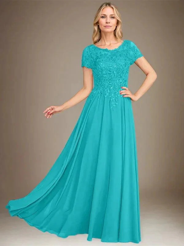 A-Line Scoop Floor-Length Chiffon Mother of the Bride Dress With Applique & Sequins - Image 44