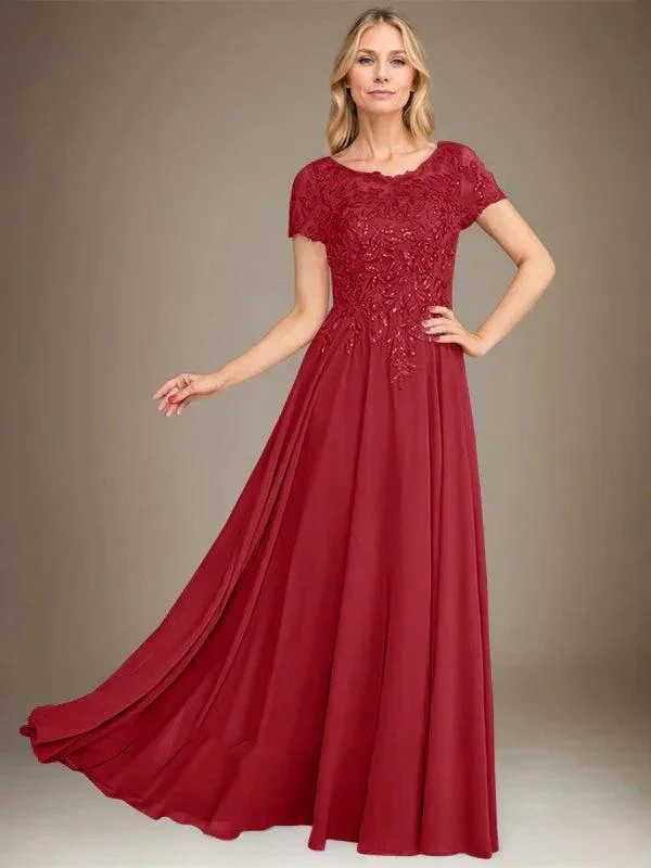 A-Line Scoop Floor-Length Chiffon Mother of the Bride Dress With Applique & Sequins - Image 45