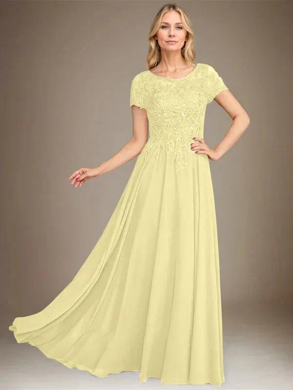 A-Line Scoop Floor-Length Chiffon Mother of the Bride Dress With Applique & Sequins - Image 46