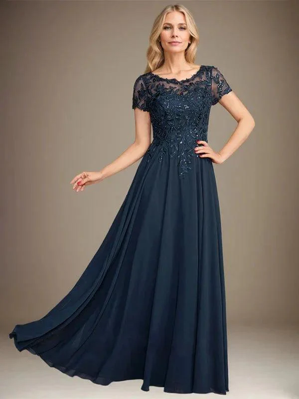 A-Line Scoop Floor-Length Chiffon Mother of the Bride Dress With Applique & Sequins - Image 9