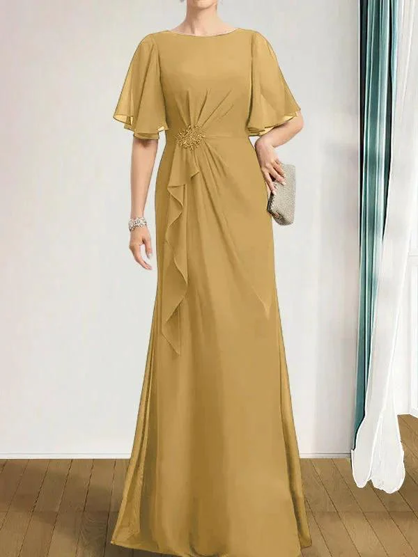 A-line Scoop Floor-Length Chiffon Mother of the Bride Dress With Cascading Ruffles Beading Sequins - Image 24