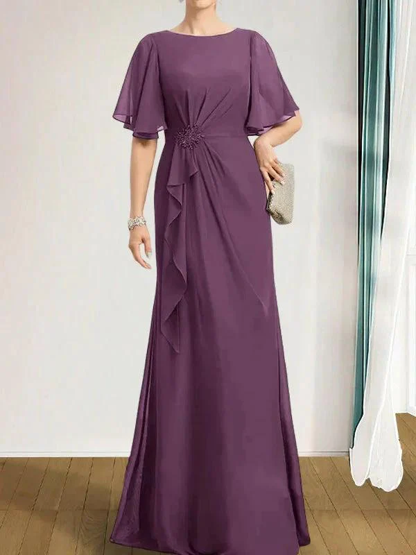 A-line Scoop Floor-Length Chiffon Mother of the Bride Dress With Cascading Ruffles Beading Sequins - Image 25