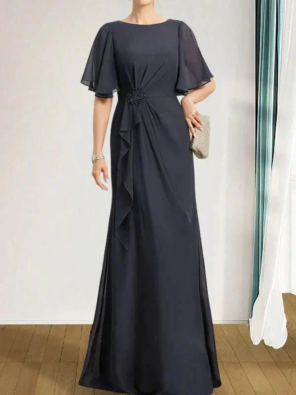 A-line Scoop Floor-Length Chiffon Mother of the Bride Dress With Cascading Ruffles Beading Sequins - Image 3
