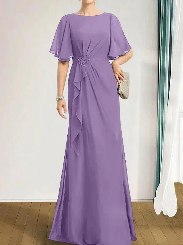 A-line Scoop Floor-Length Chiffon Mother of the Bride Dress With Cascading Ruffles Beading Sequins - Image 30