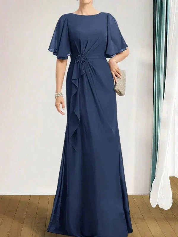 A-line Scoop Floor-Length Chiffon Mother of the Bride Dress With Cascading Ruffles Beading Sequins - Image 34