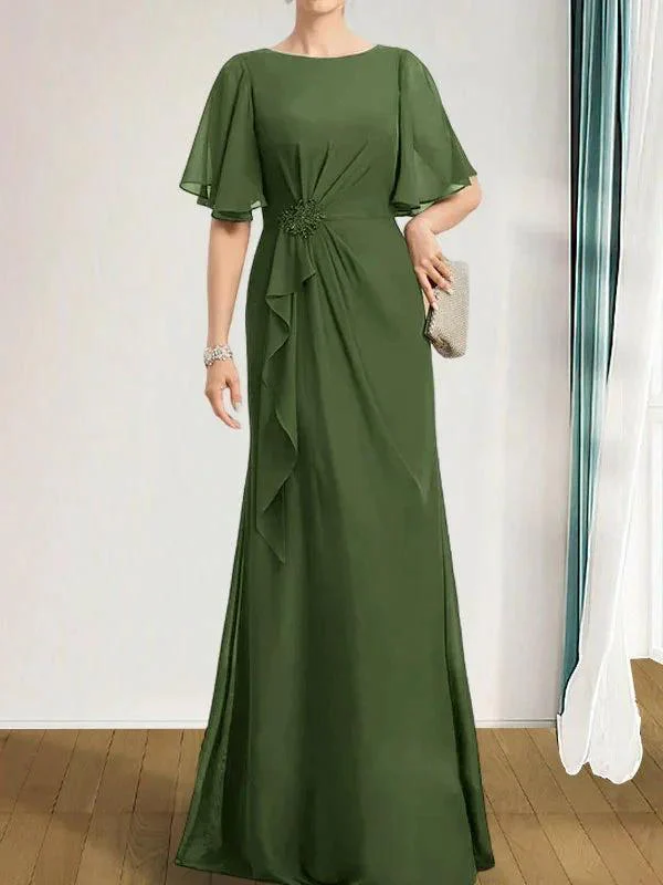 A-line Scoop Floor-Length Chiffon Mother of the Bride Dress With Cascading Ruffles Beading Sequins - Image 35