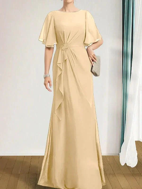 A-line Scoop Floor-Length Chiffon Mother of the Bride Dress With Cascading Ruffles Beading Sequins - Image 37