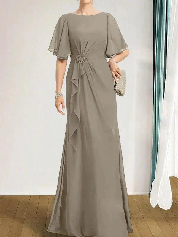 A-line Scoop Floor-Length Chiffon Mother of the Bride Dress With Cascading Ruffles Beading Sequins - Image 45