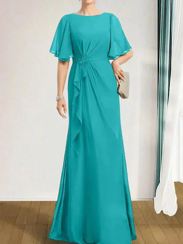 A-line Scoop Floor-Length Chiffon Mother of the Bride Dress With Cascading Ruffles Beading Sequins - Image 47