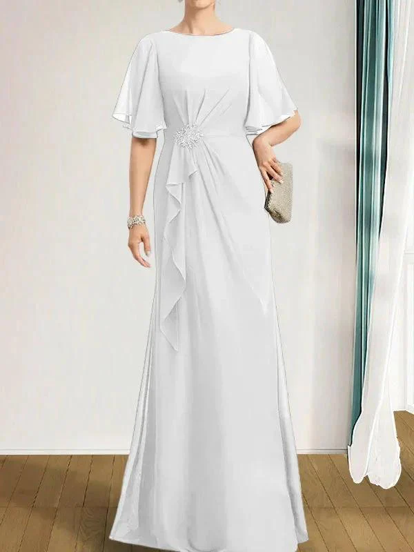 A-line Scoop Floor-Length Chiffon Mother of the Bride Dress With Cascading Ruffles Beading Sequins - Image 48