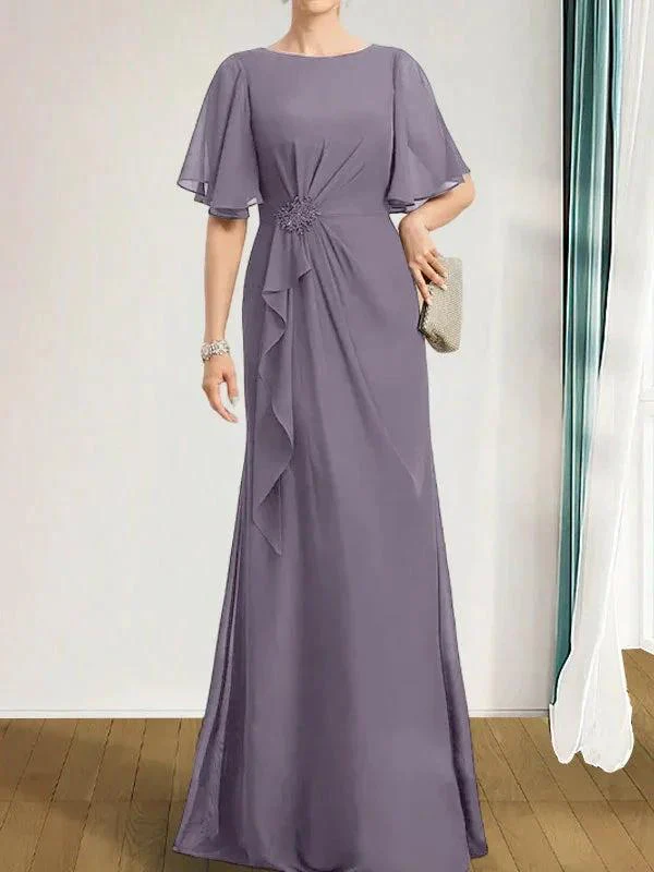 A-line Scoop Floor-Length Chiffon Mother of the Bride Dress With Cascading Ruffles Beading Sequins - Image 50