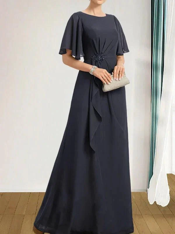 A-line Scoop Floor-Length Chiffon Mother of the Bride Dress With Cascading Ruffles Beading Sequins - Image 7
