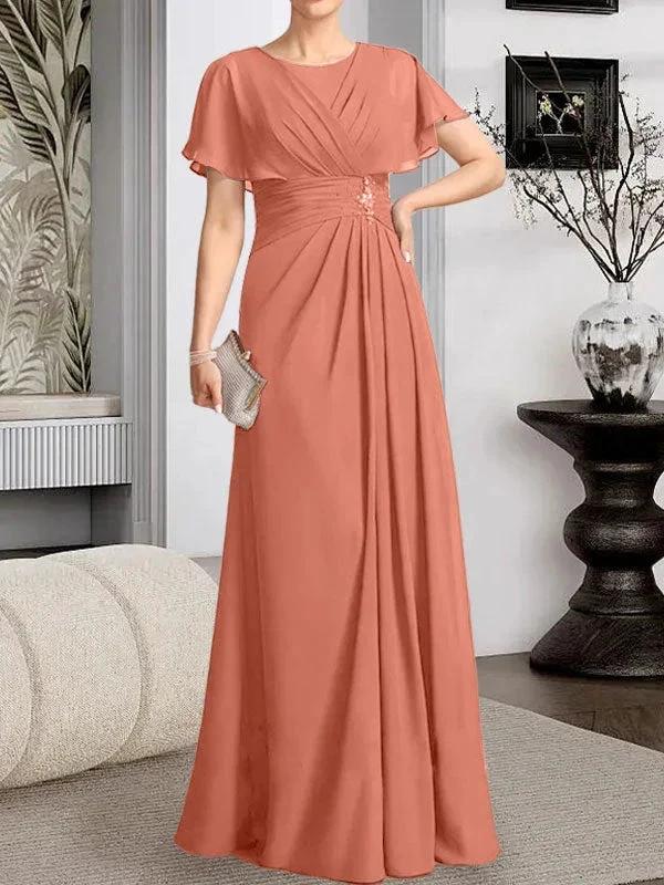 A-line Scoop Floor-Length Chiffon Mother of the Bride Dress With Pleated Beading - Image 13